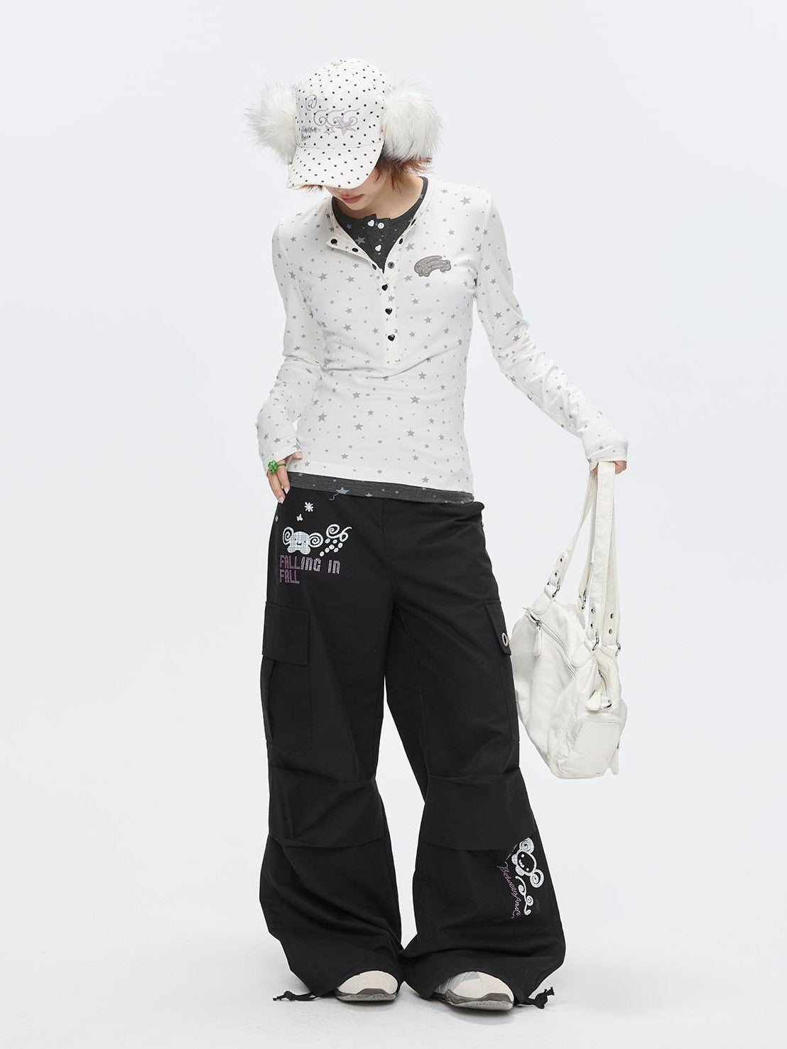 BETWEENAND Gray Star Polka Dot Henley Faux Layered Women&
