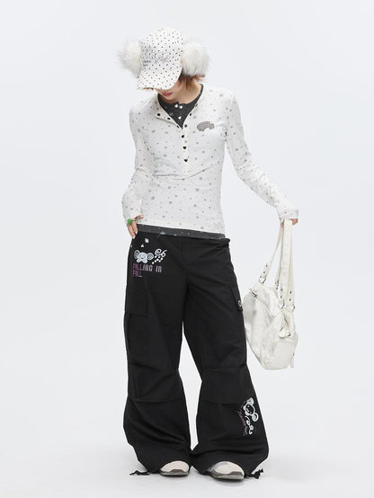 BETWEENAND Gray Star Polka Dot Henley Faux Layered Women&