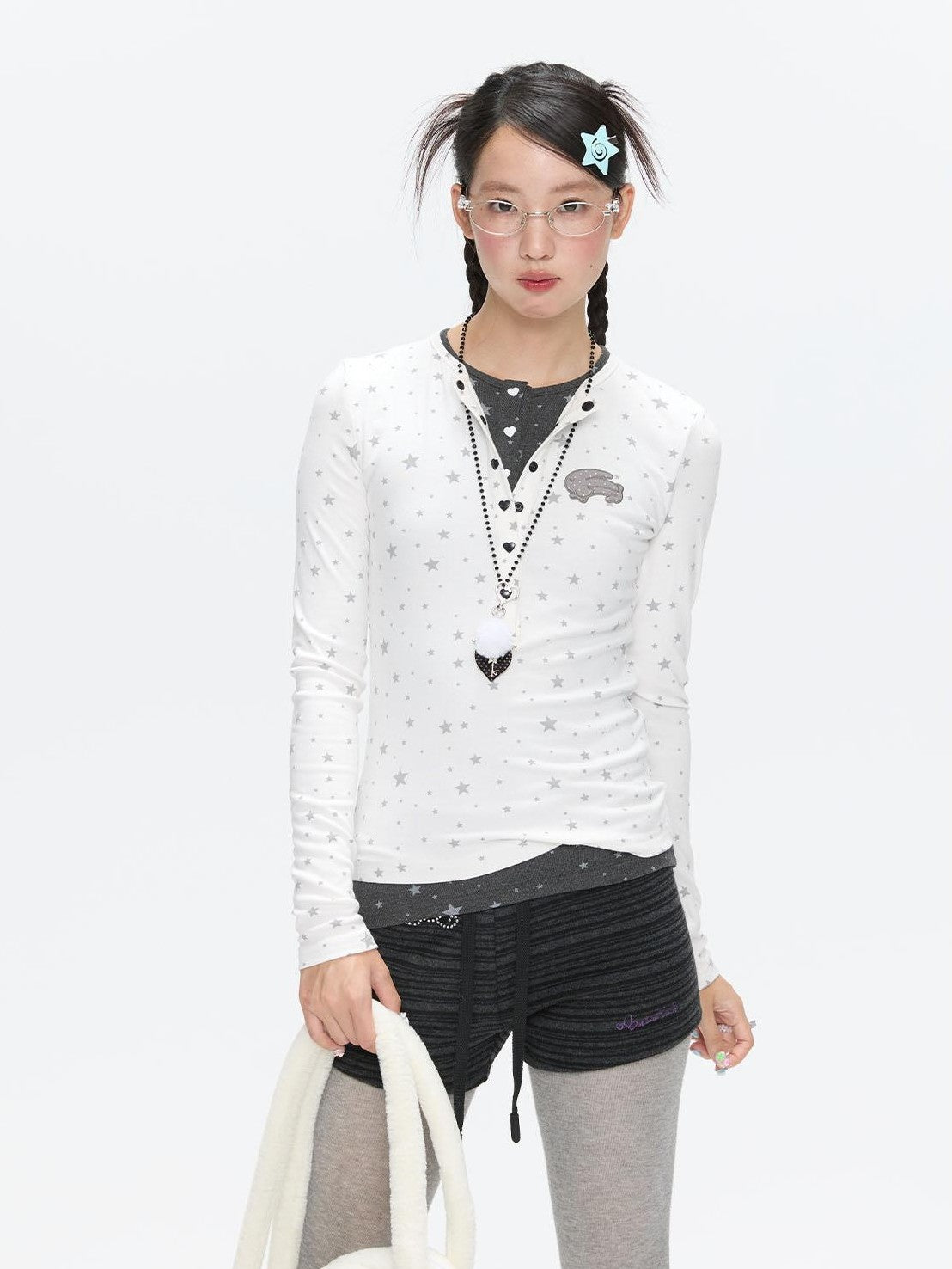 BETWEENAND Gray Star Polka Dot Henley Faux Layered Women&