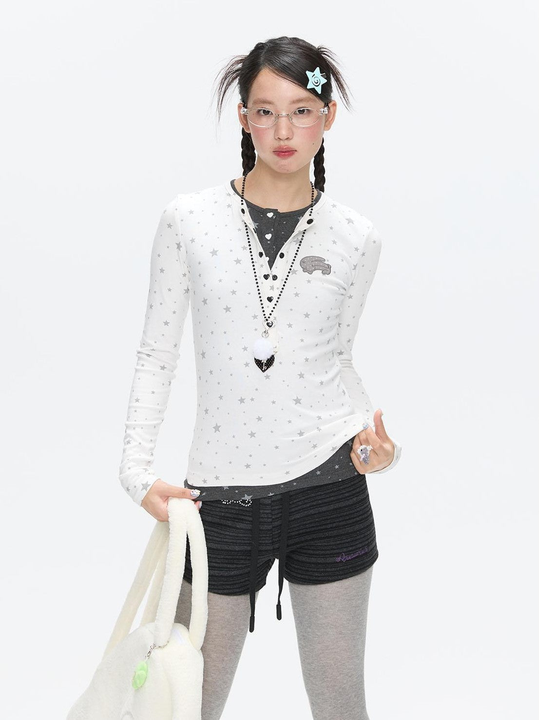 BETWEENAND Gray Star Polka Dot Henley Faux Layered Women&