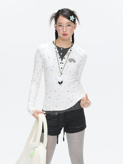 BETWEENAND Gray Star Polka Dot Henley Faux Layered Women&