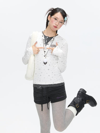 BETWEENAND Gray Star Polka Dot Henley Faux Layered Women&