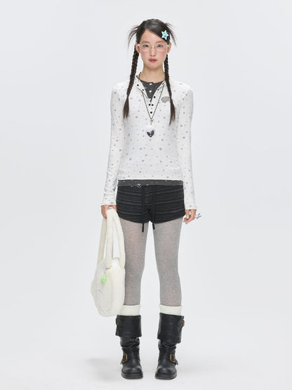 BETWEENAND Gray Star Polka Dot Henley Faux Layered Women&