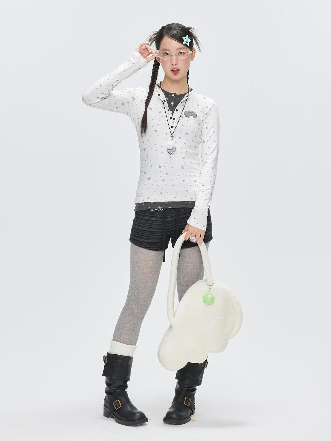 BETWEENAND Gray Star Polka Dot Henley Faux Layered Women&