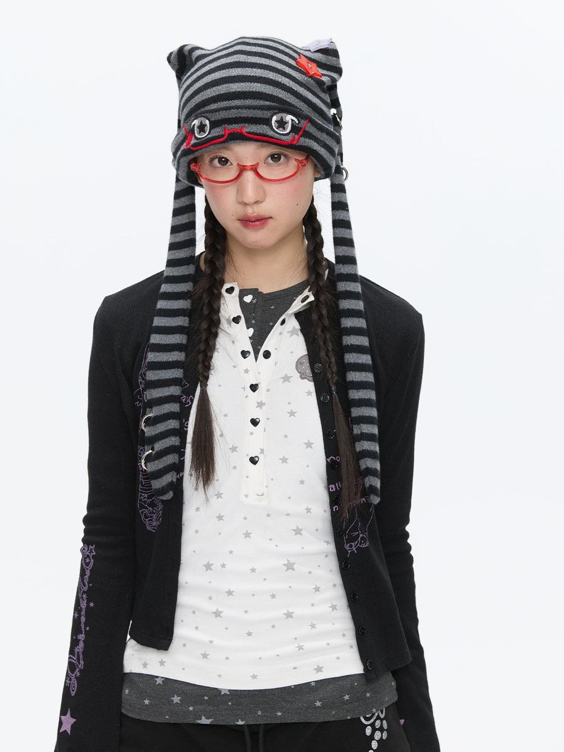BETWEENAND Gray Star Polka Dot Henley Faux Layered Women&