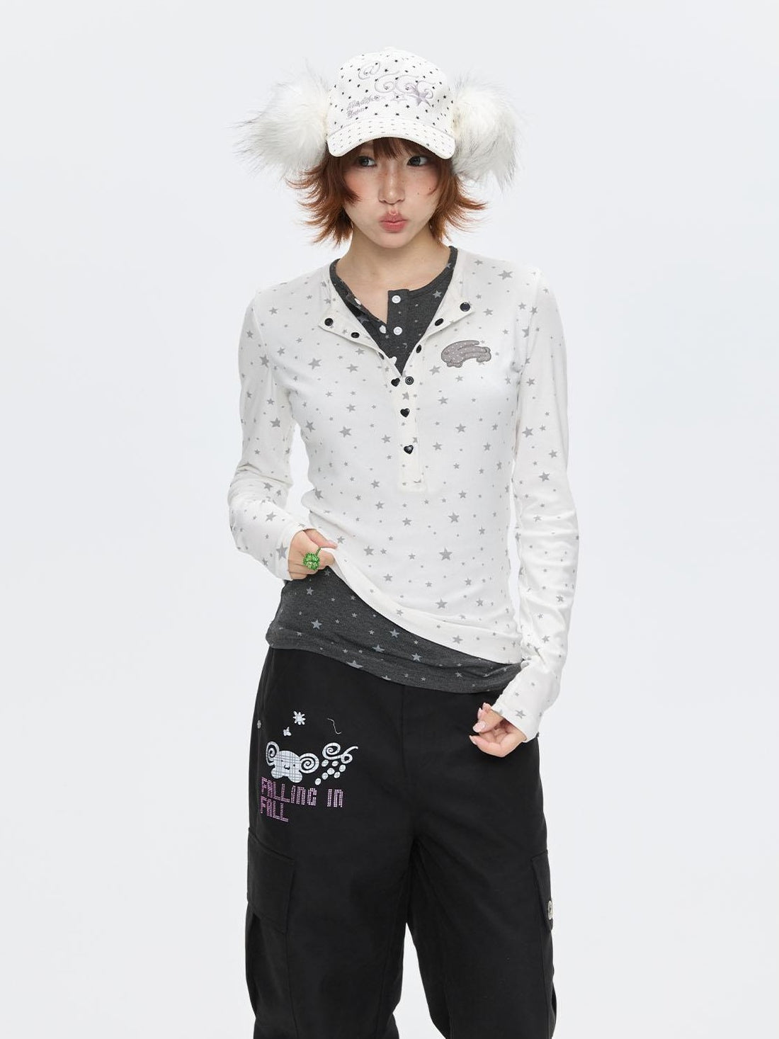 BETWEENAND Gray Star Polka Dot Henley Faux Layered Women&