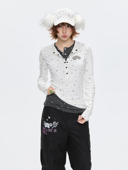 BETWEENAND Gray Star Polka Dot Henley Faux Layered Women&