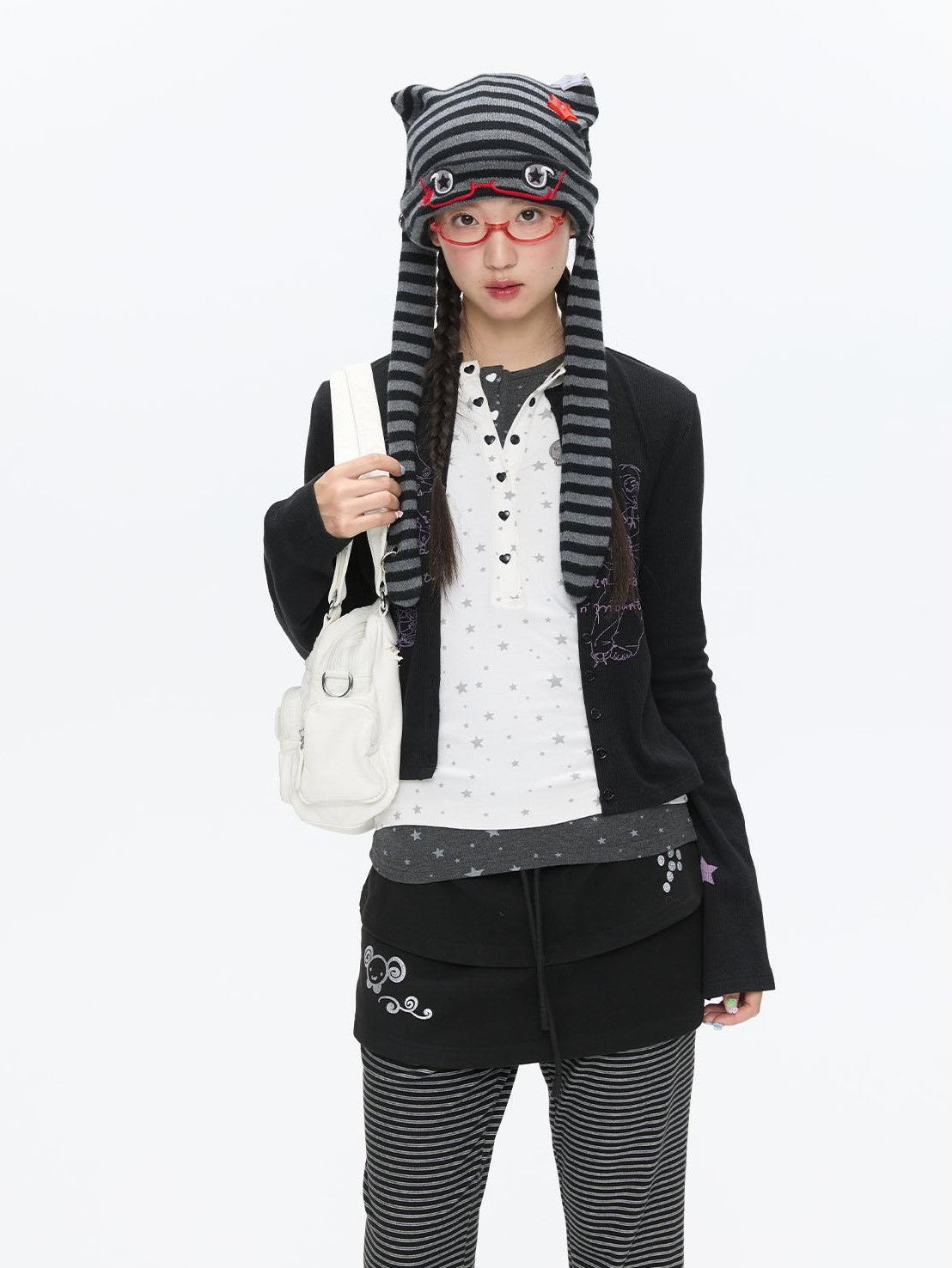 BETWEENAND Gray Star Polka Dot Henley Faux Layered Women&