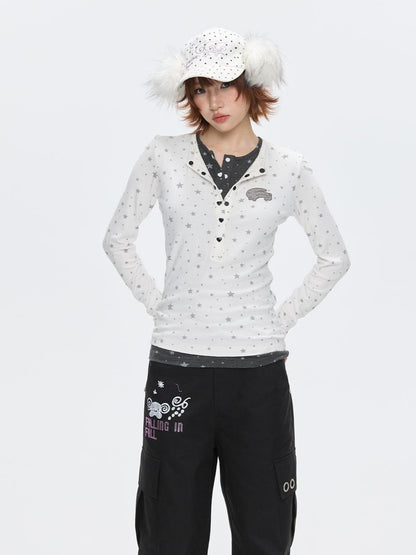 BETWEENAND Gray Star Polka Dot Henley Faux Layered Women&