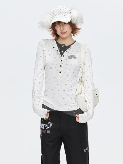 BETWEENAND Gray Star Polka Dot Henley Faux Layered Women&