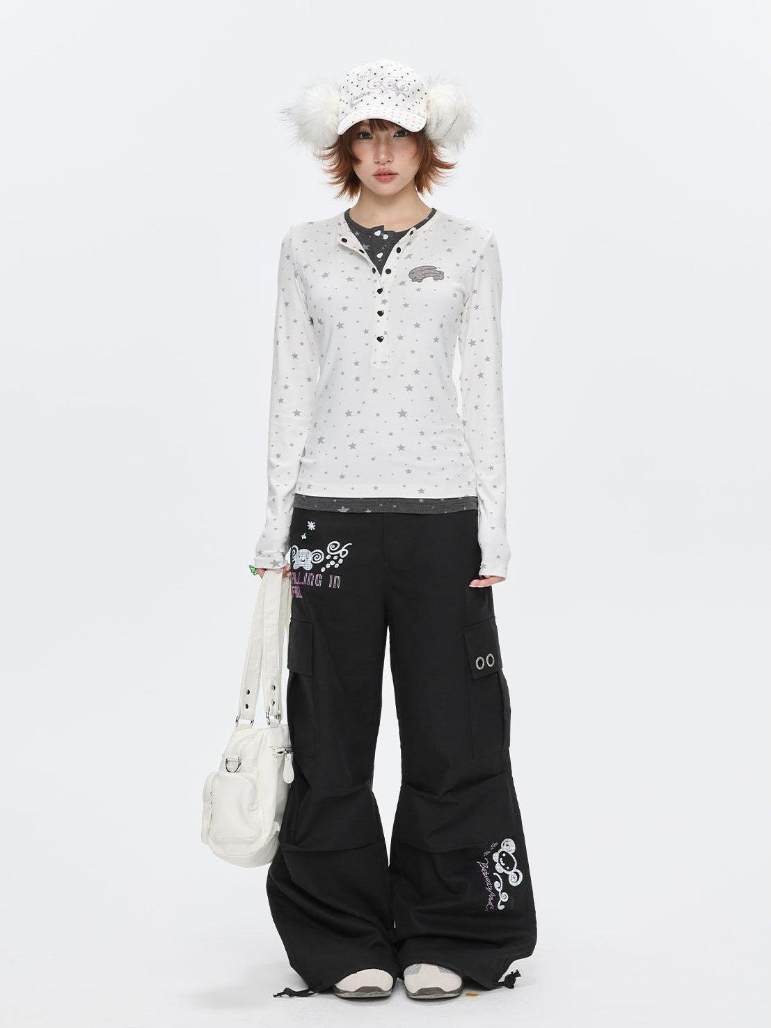 BETWEENAND Gray Star Polka Dot Henley Faux Layered Women&