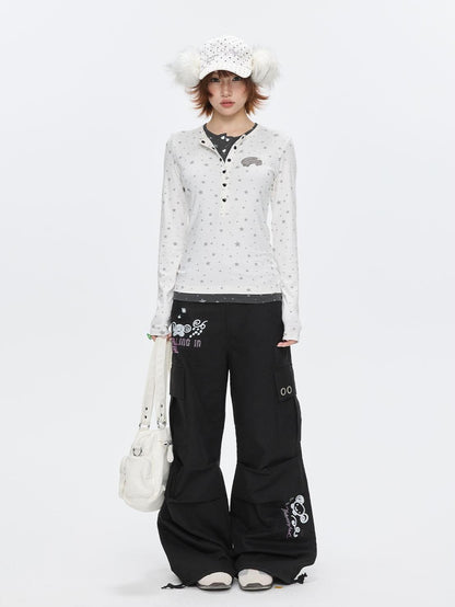 BETWEENAND Gray Star Polka Dot Henley Faux Layered Women&