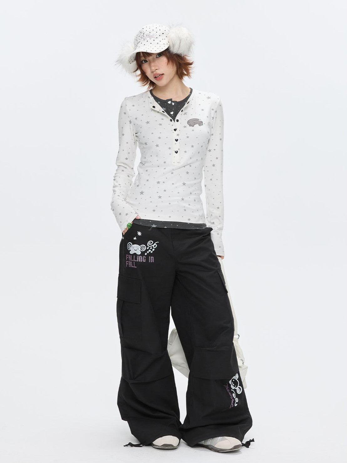 BETWEENAND Gray Star Polka Dot Henley Faux Layered Women&