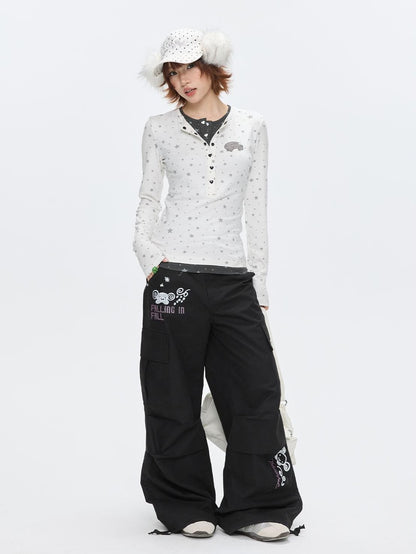 BETWEENAND Gray Star Polka Dot Henley Faux Layered Women&