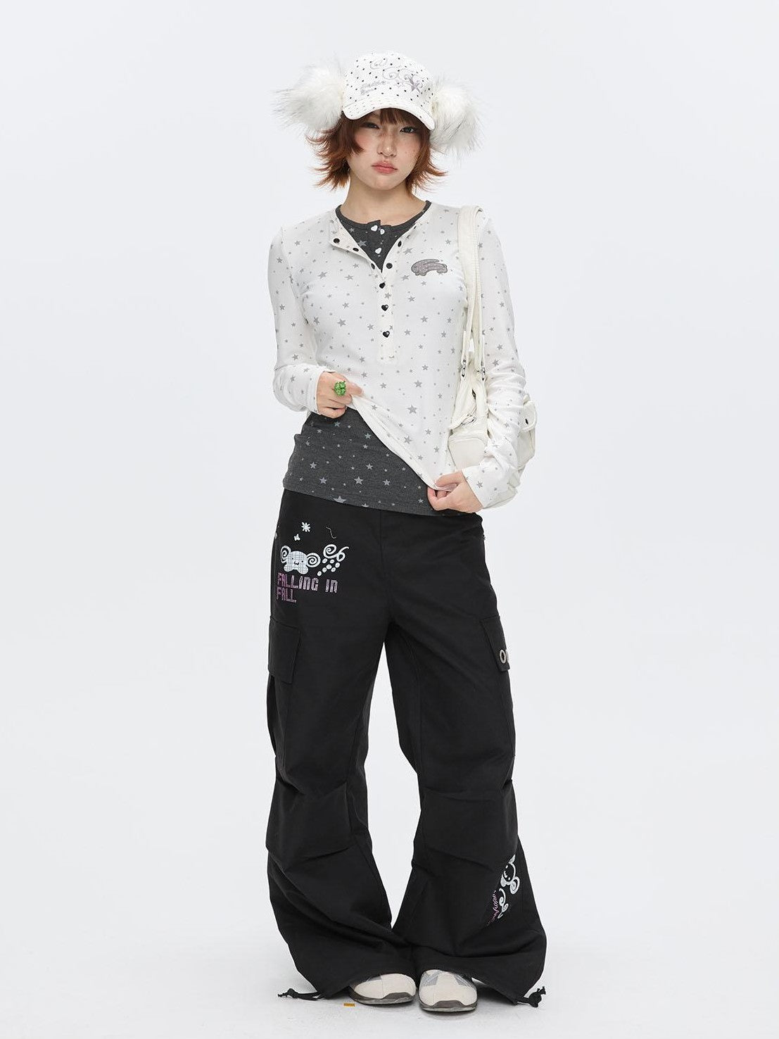 BETWEENAND Gray Star Polka Dot Henley Faux Layered Women&