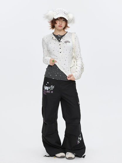 BETWEENAND Gray Star Polka Dot Henley Faux Layered Women&