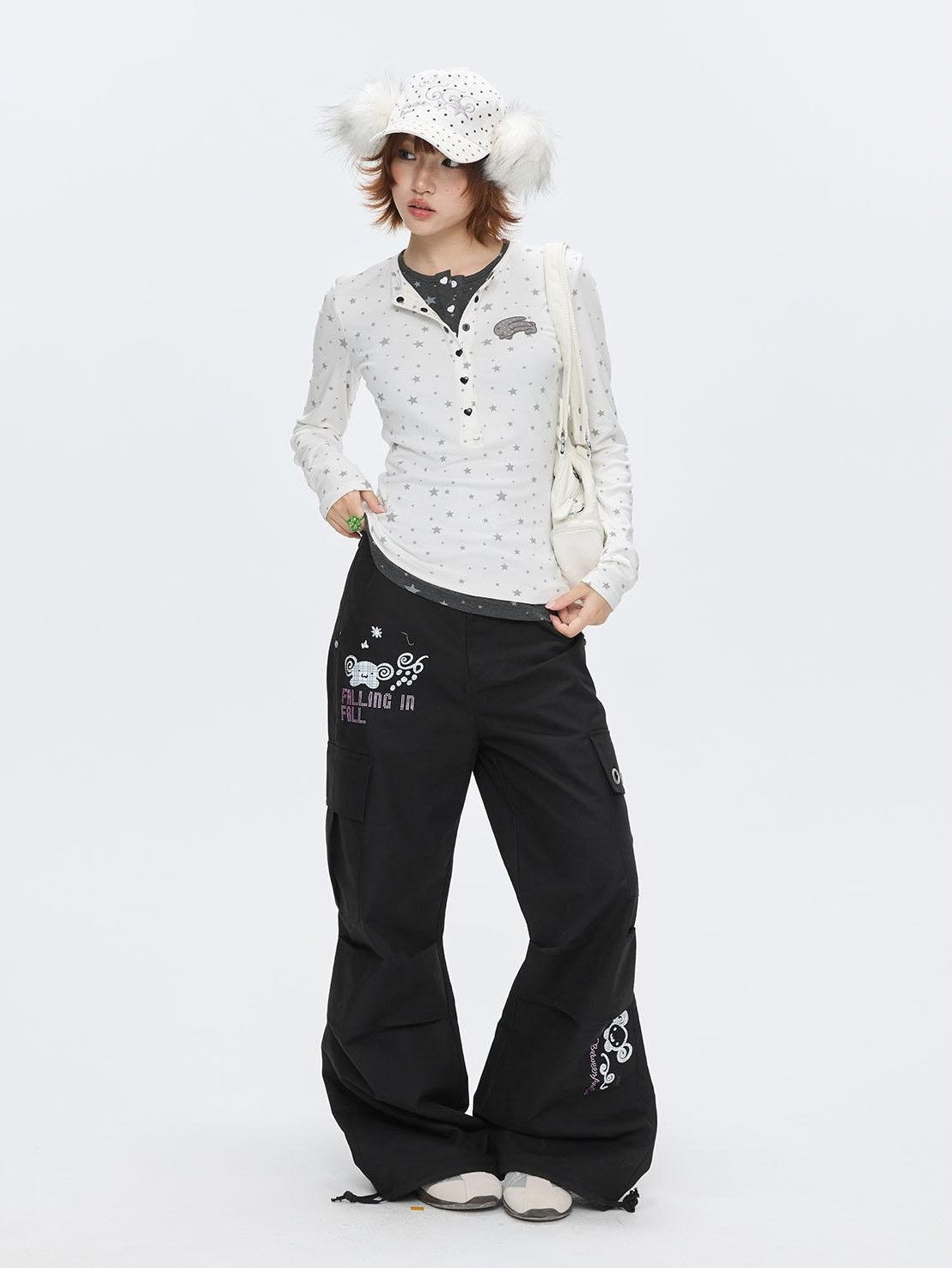 BETWEENAND Gray Star Polka Dot Henley Faux Layered Women&
