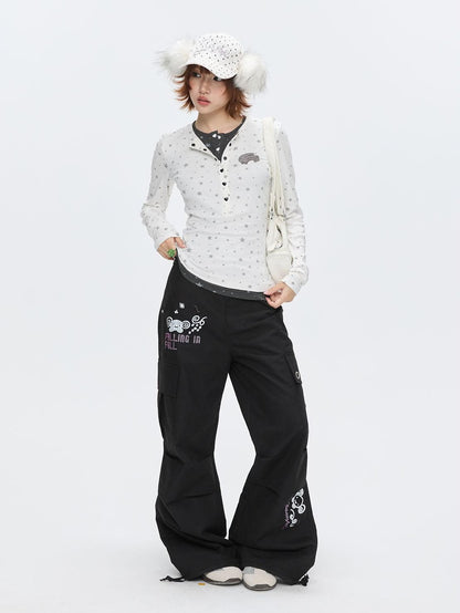 BETWEENAND Gray Star Polka Dot Henley Faux Layered Women&