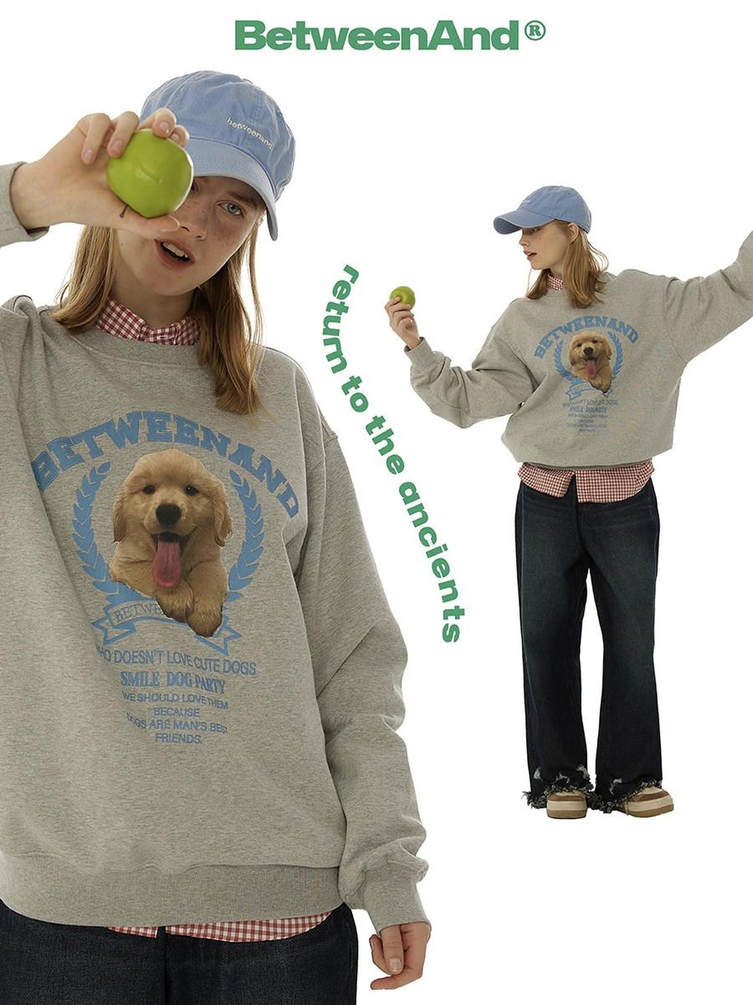 BETWEENAND Gray Tongue Out Puppy Motif Loose Fit Women&