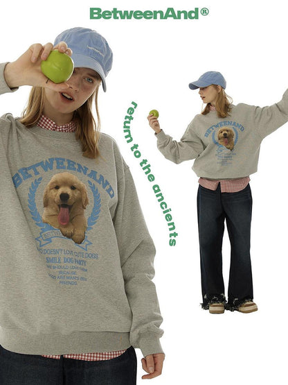BETWEENAND Gray Tongue Out Puppy Motif Loose Fit Women&