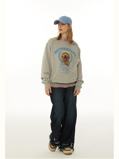 BETWEENAND Gray Tongue Out Puppy Motif Loose Fit Women&