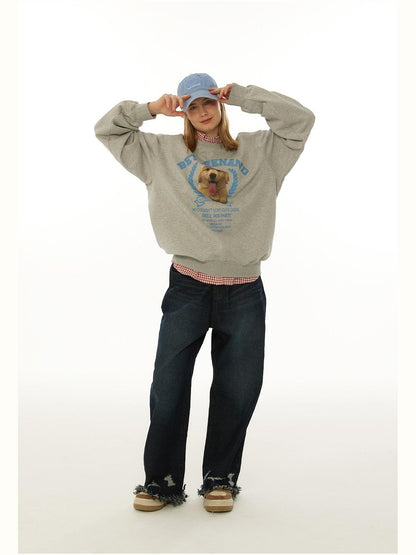 BETWEENAND Gray Tongue Out Puppy Motif Loose Fit Women&