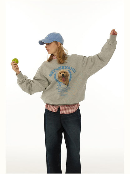 BETWEENAND Gray Tongue Out Puppy Motif Loose Fit Women&