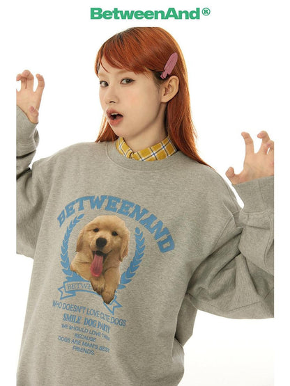 BETWEENAND Gray Tongue Out Puppy Motif Loose Fit Women&