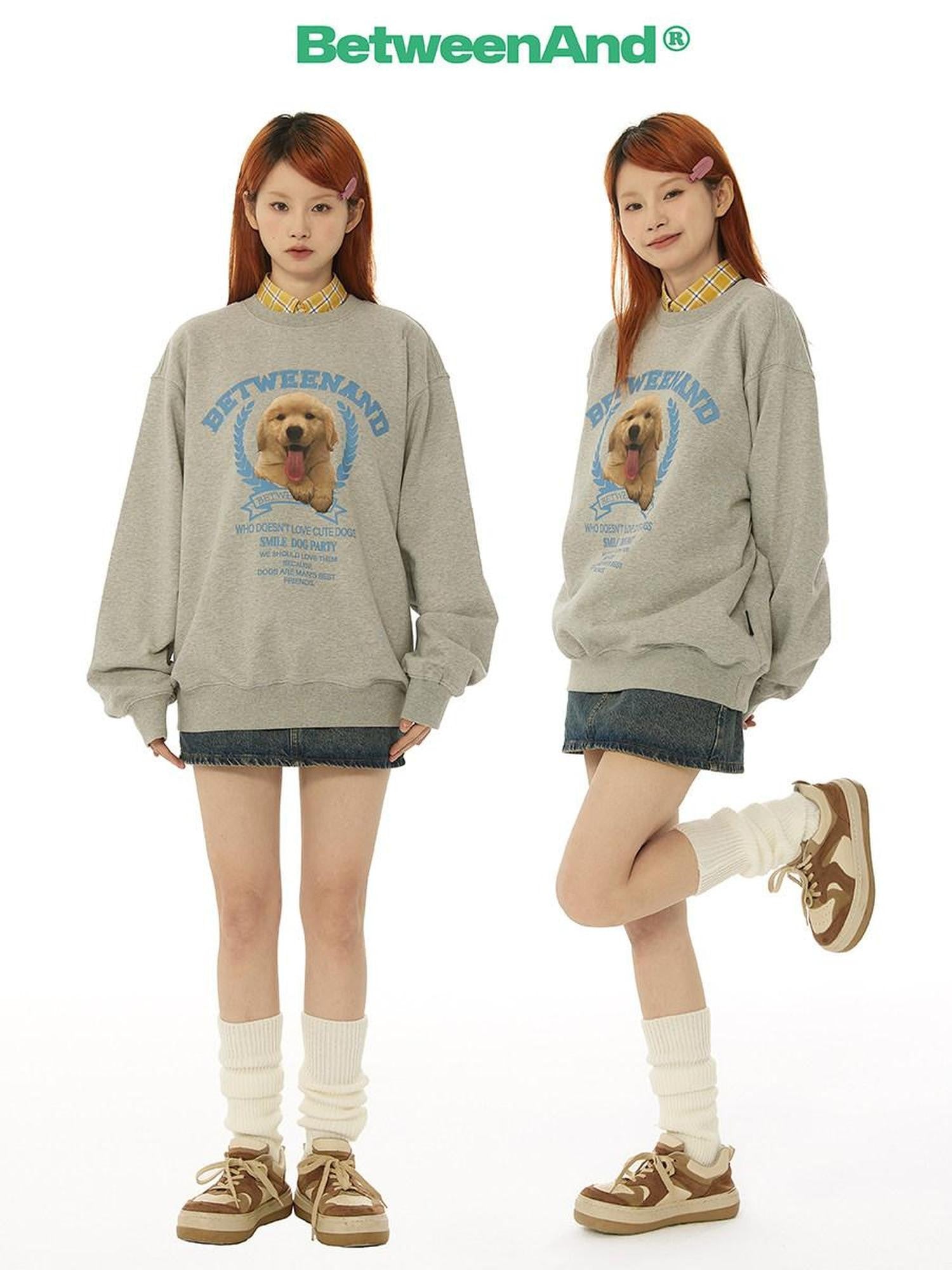 BETWEENAND Gray Tongue Out Puppy Motif Loose Fit Women&