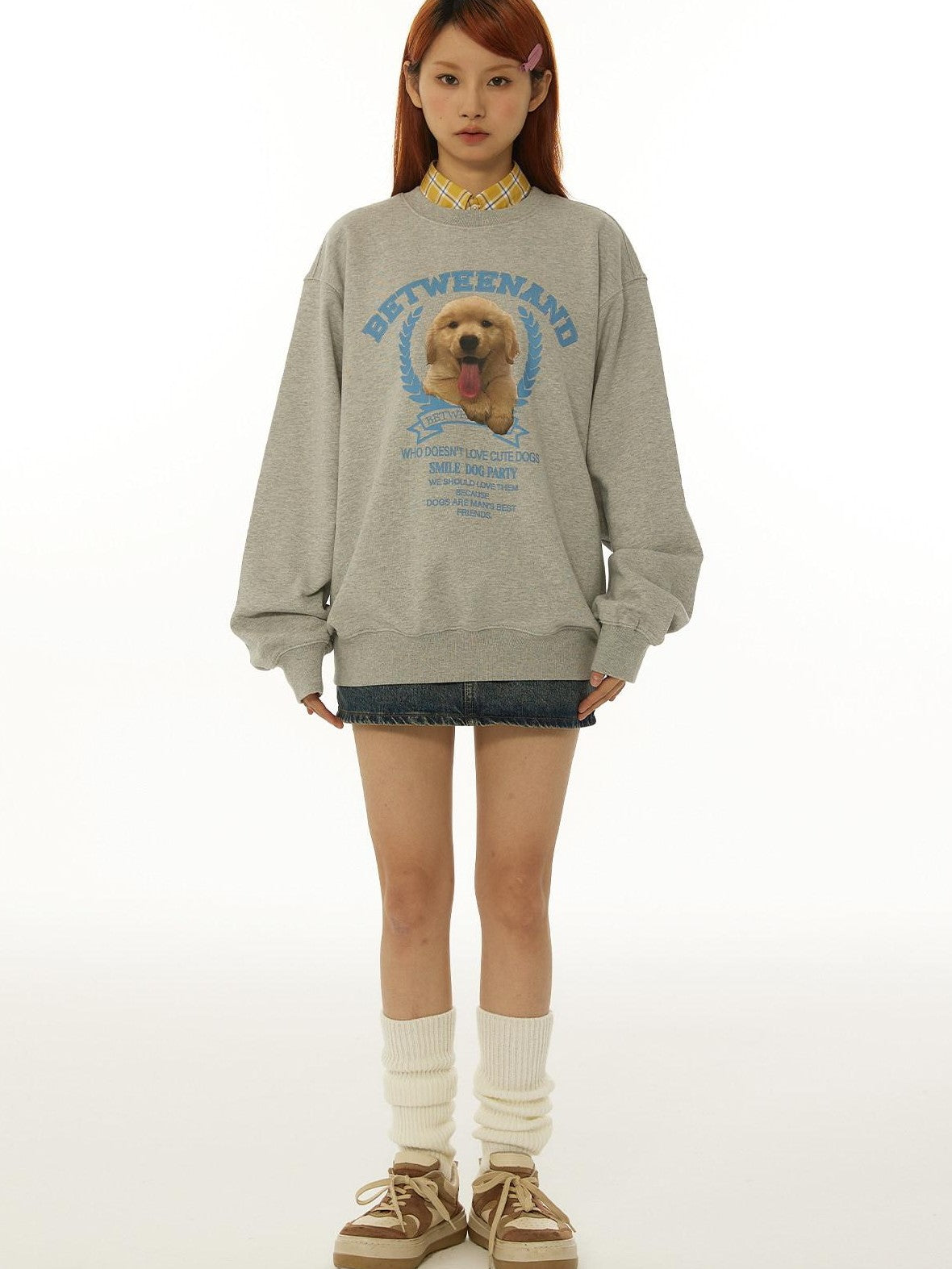 BETWEENAND Gray Tongue Out Puppy Motif Loose Fit Women&