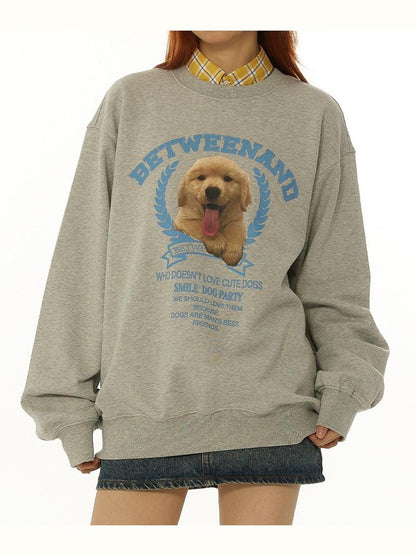 BETWEENAND Gray Tongue Out Puppy Motif Loose Fit Women&