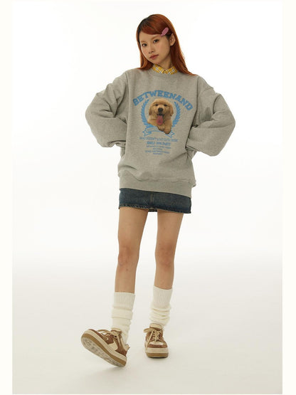 BETWEENAND Gray Tongue Out Puppy Motif Loose Fit Women&