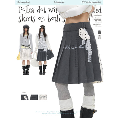 BETWEENAND_Gray_White_Polka_Dot_Spliced_Reversible_High_Waist_Pleated_Women&