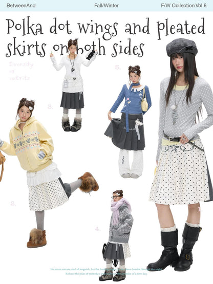BETWEENAND Gray White Polka Dot Spliced Reversible High Waist Pleated Women&