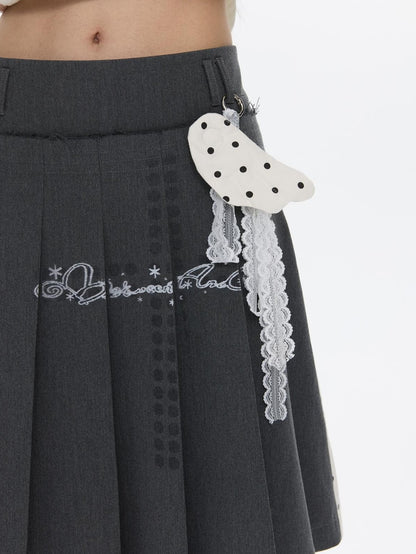 BETWEENAND Gray White Polka Dot Spliced Reversible High Waist Pleated Women&