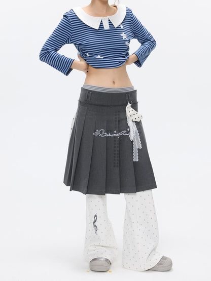 BETWEENAND Gray White Polka Dot Spliced Reversible High Waist Pleated Women&