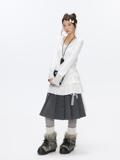 BETWEENAND Gray White Polka Dot Spliced Reversible High Waist Pleated Women&