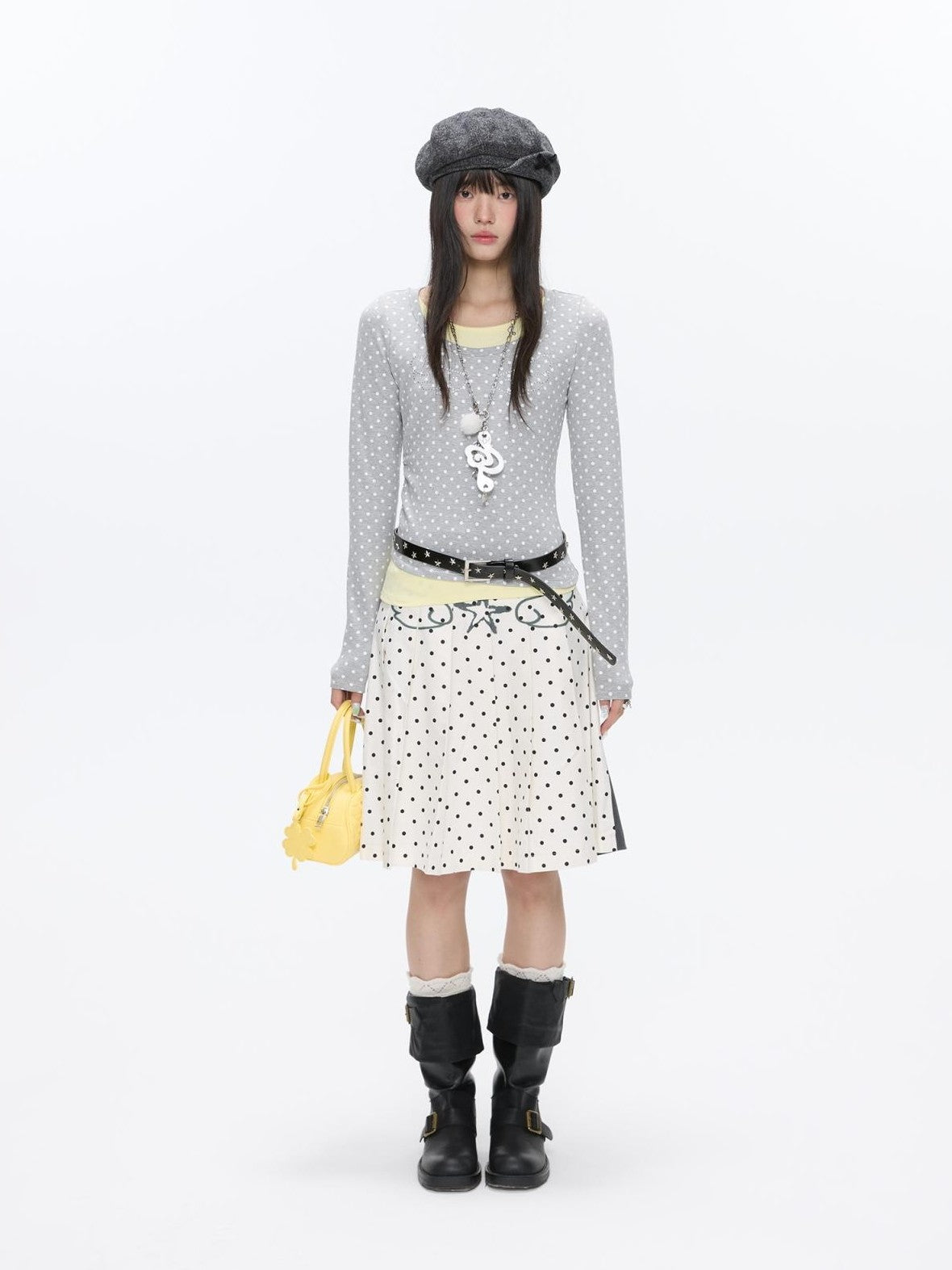 BETWEENAND Gray White Polka Dot Spliced Reversible High Waist Pleated Women&