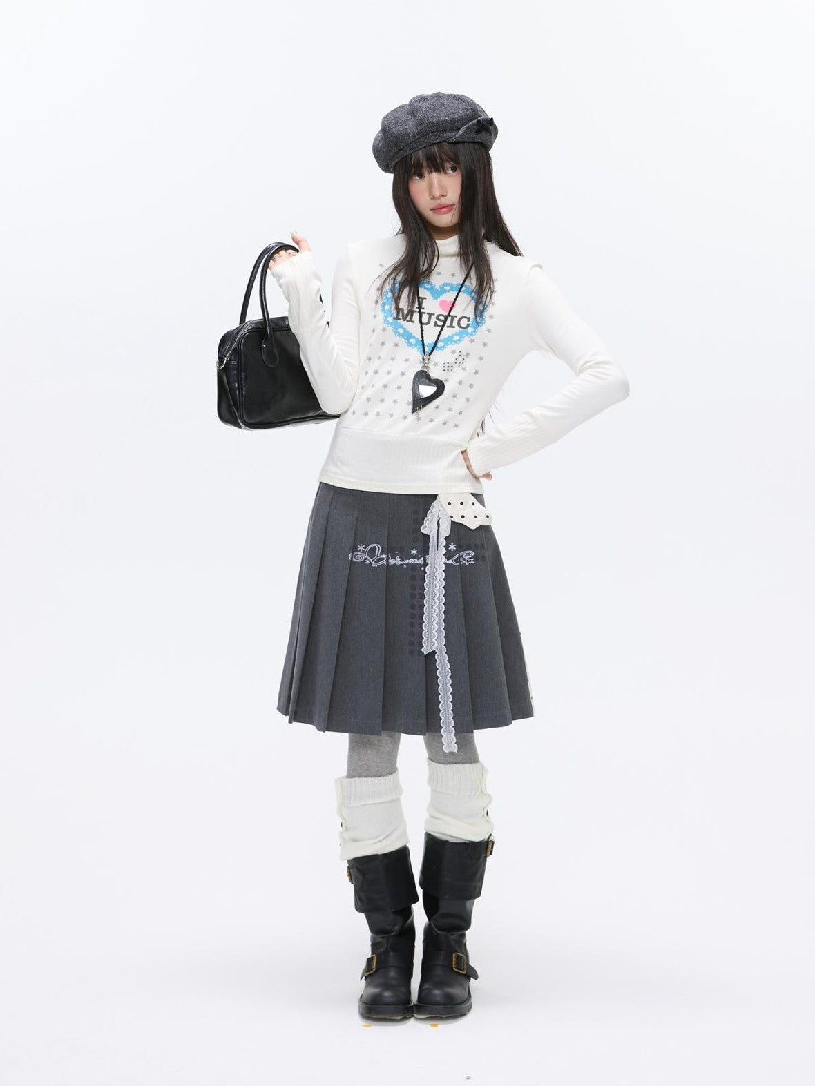 BETWEENAND Gray White Polka Dot Spliced Reversible High Waist Pleated Women&