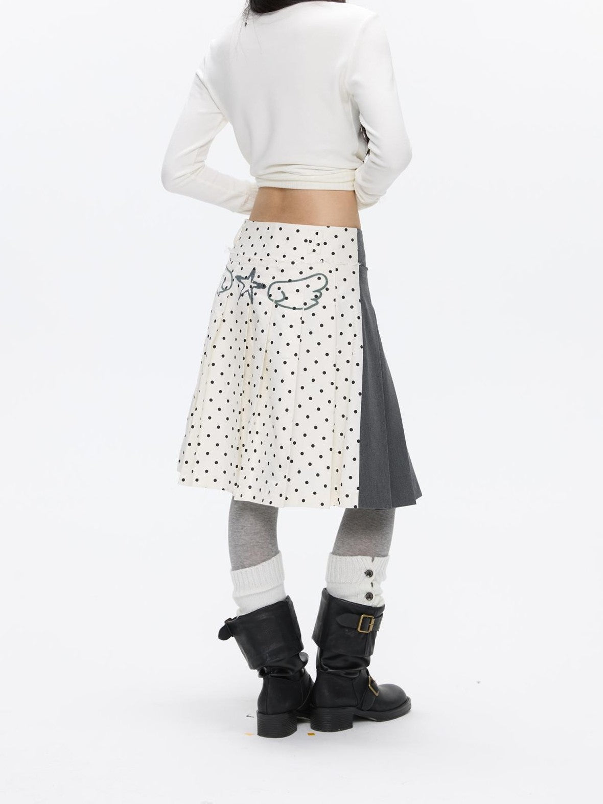 BETWEENAND Gray White Polka Dot Spliced Reversible High Waist Pleated Women&