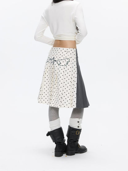 BETWEENAND Gray White Polka Dot Spliced Reversible High Waist Pleated Women&