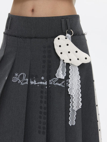 BETWEENAND Gray White Polka Dot Spliced Reversible High Waist Pleated Women&