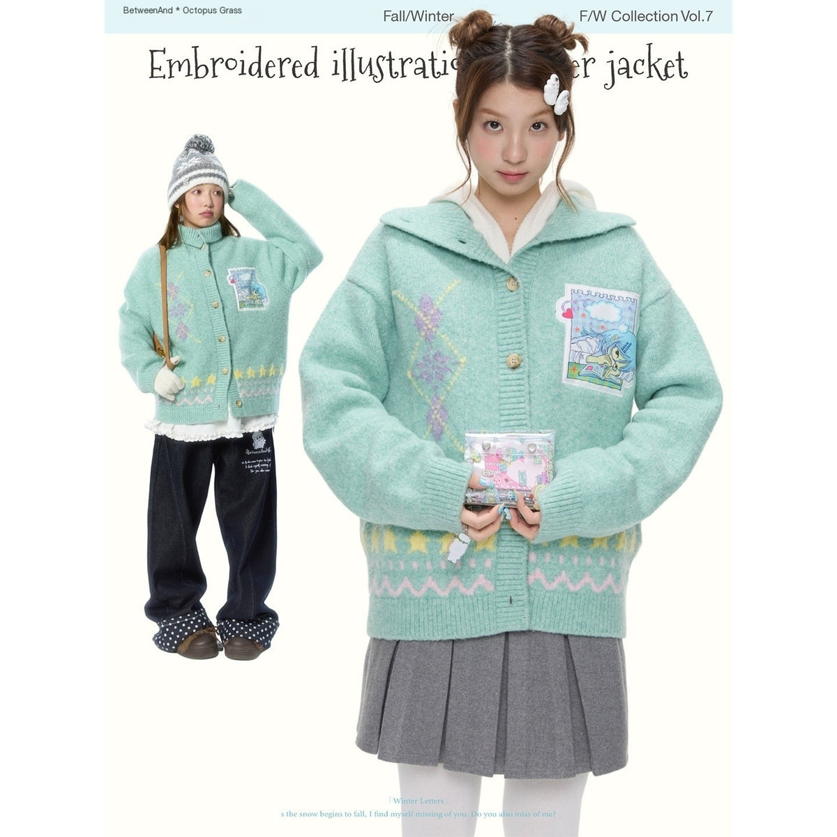 BETWEENAND_Green_Argyle_Applique_Embroidered_Hooded_Women&
