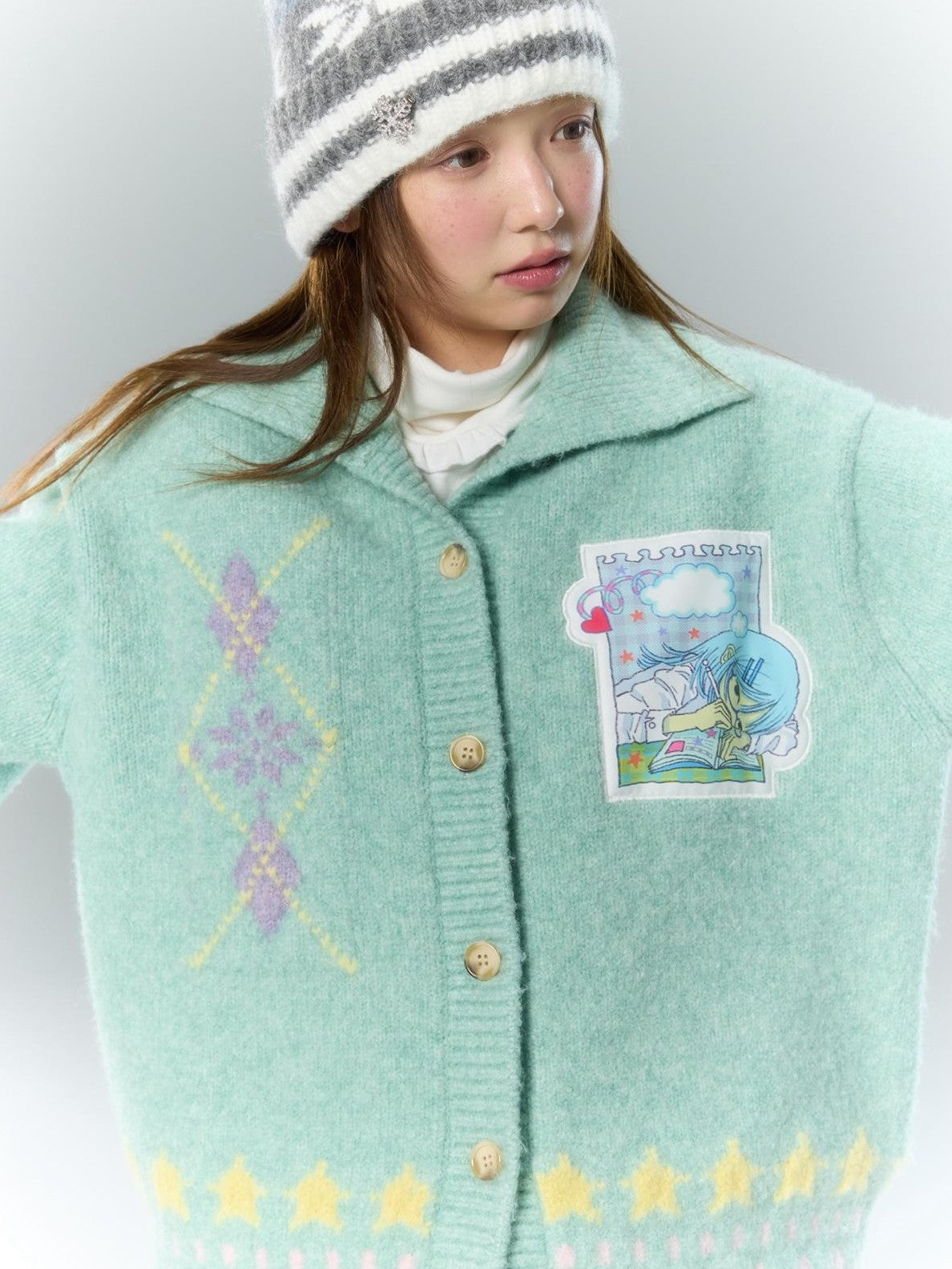 BETWEENAND Green Argyle Applique Embroidered Hooded Women&