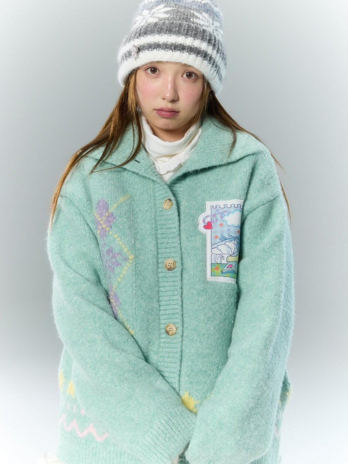 BETWEENAND Green Argyle Applique Embroidered Hooded Women&