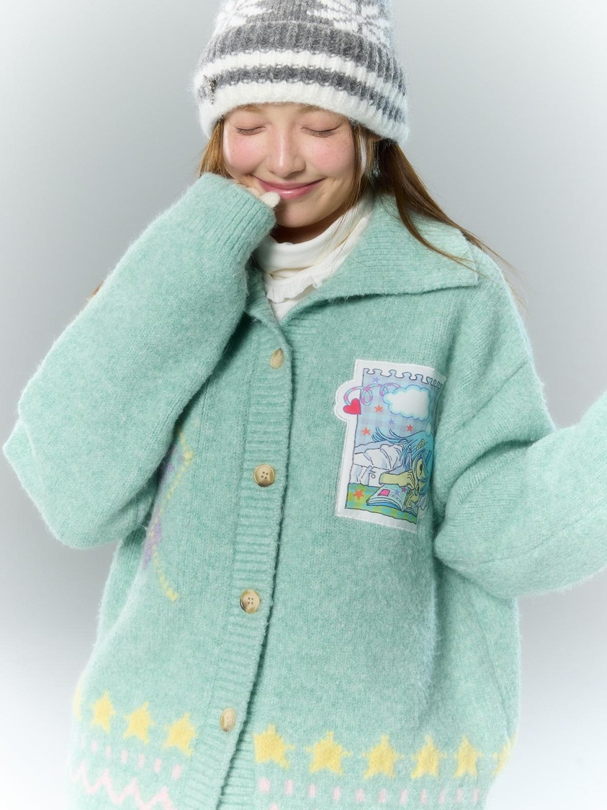 BETWEENAND Green Argyle Applique Embroidered Hooded Women&