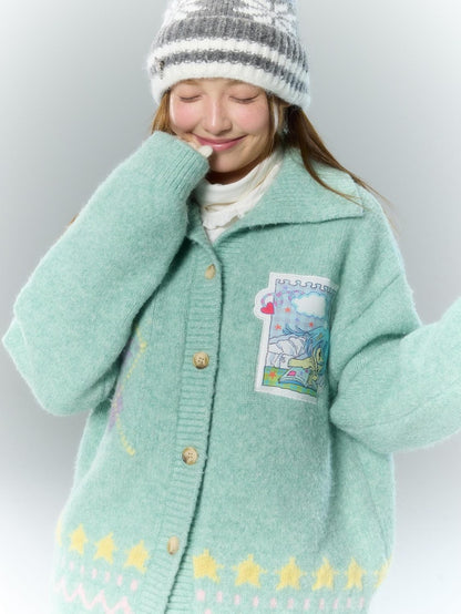 BETWEENAND Green Argyle Applique Embroidered Hooded Women&