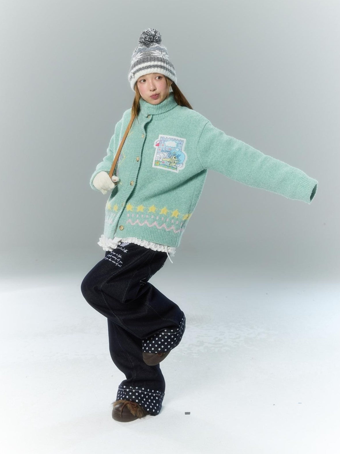 BETWEENAND Green Argyle Applique Embroidered Hooded Women&