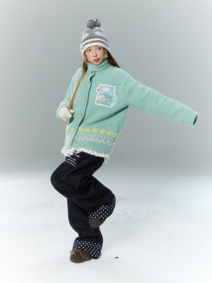 BETWEENAND Green Argyle Applique Embroidered Hooded Women&
