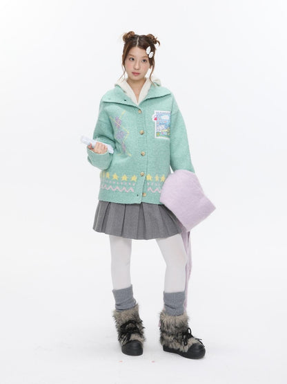 BETWEENAND Green Argyle Applique Embroidered Hooded Women&